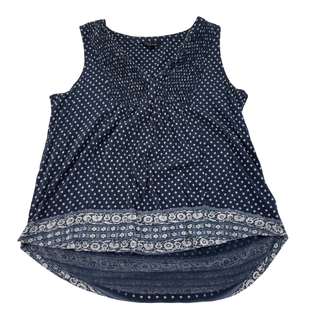 Lucky Brand Navy Blue Geometric Floral Smocked Sleeveless Blouse Medium